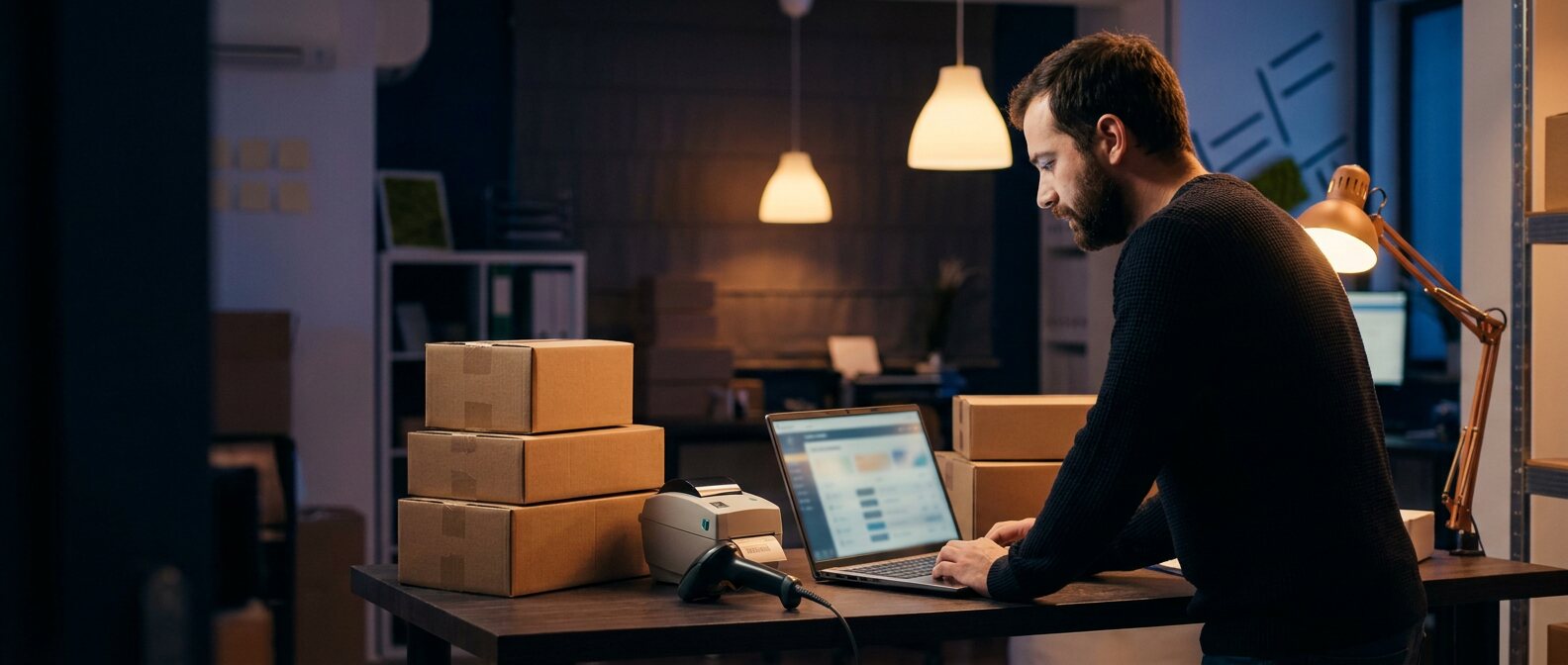Retailer packing online orders at a laptop in a warmly lit workspace