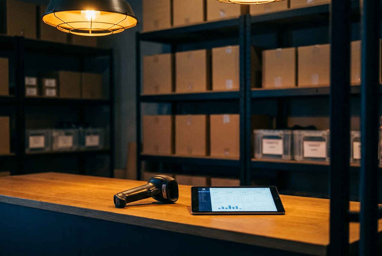 Organized stockroom shelves with a scanner and tablet on the counter